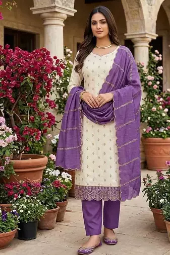 white unstitched embroidery with embroidered dupatta vichitra silk blend dress material