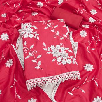 red unstitched thread embroidery with embroidered dupatta parampara silk blend dress material 1
