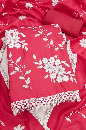 red unstitched thread embroidery with embroidered dupatta parampara silk blend dress material