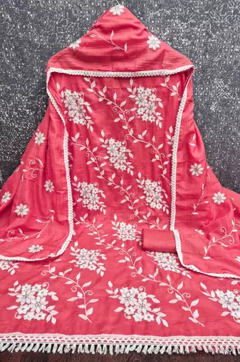 red unstitched thread embroidery with embroidered dupatta parampara silk blend dress material