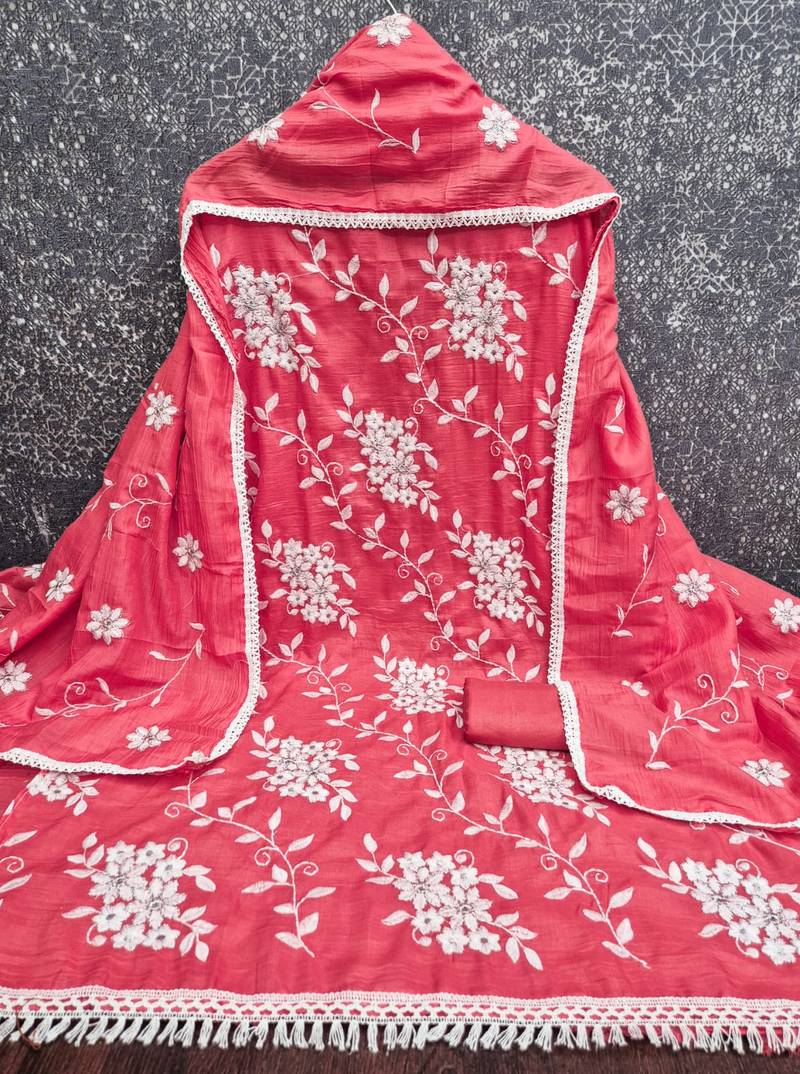 red unstitched thread embroidery with embroidered dupatta parampara silk blend dress material