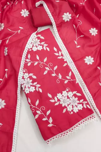 red unstitched thread embroidery with embroidered dupatta parampara silk blend dress material