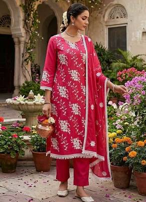 red unstitched thread embroidery with embroidered dupatta parampara silk blend dress material 4