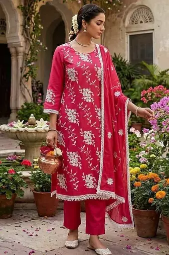 red unstitched thread embroidery with embroidered dupatta parampara silk blend dress material