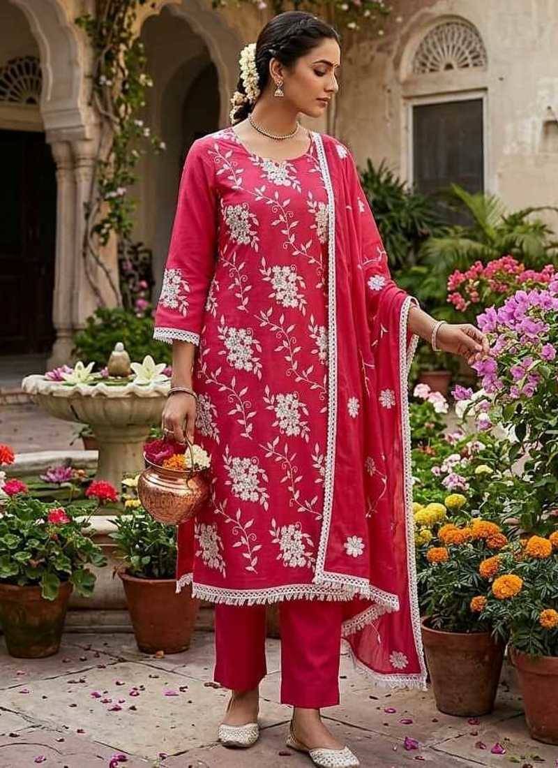 red unstitched thread embroidery with embroidered dupatta parampara silk blend dress material