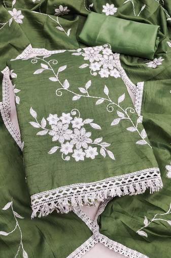 green unstitched thread embroidery with embroidered dupatta parampara silk blend dress material