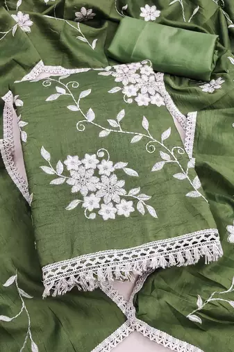 green unstitched thread embroidery with embroidered dupatta parampara silk blend dress material