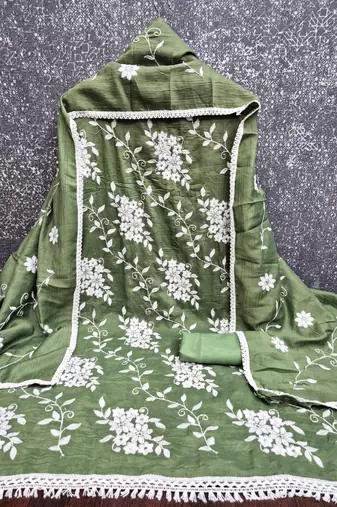 green unstitched thread embroidery with embroidered dupatta parampara silk blend dress material