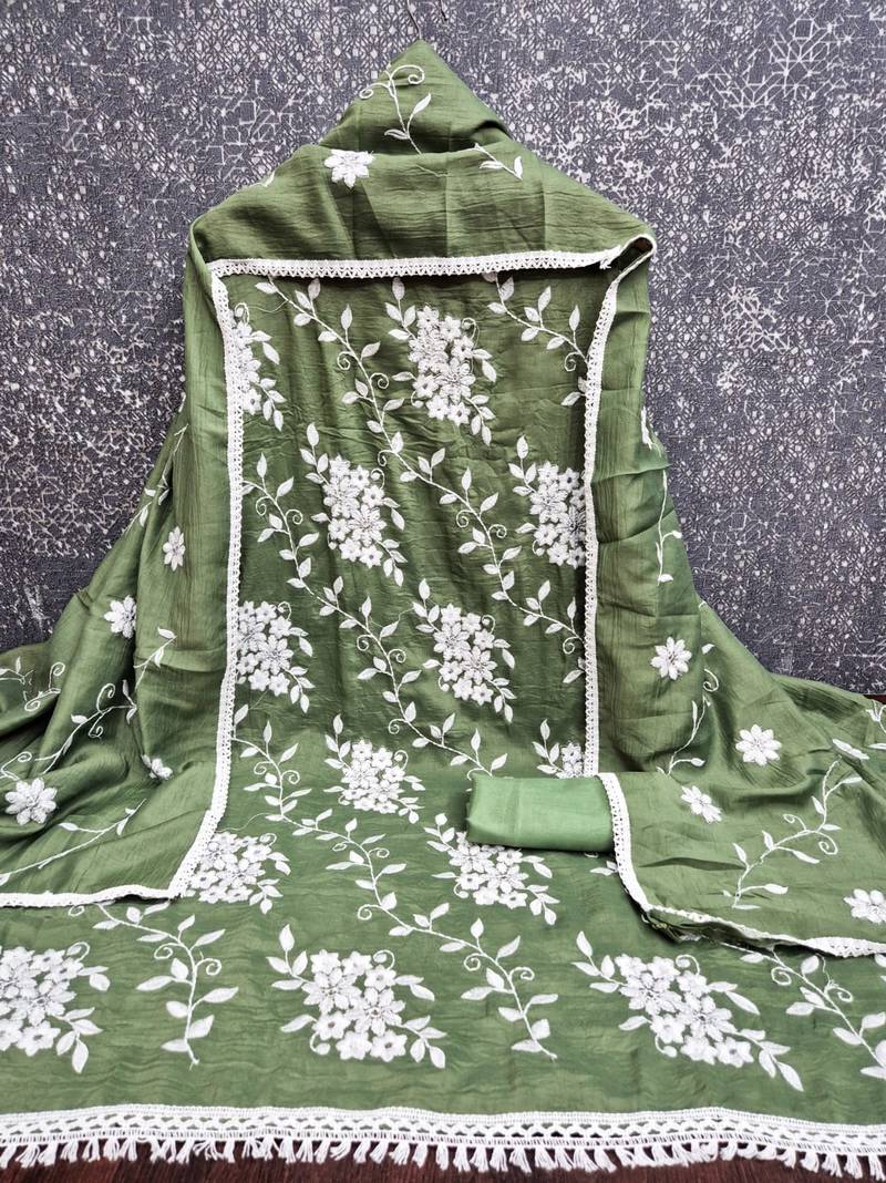 green unstitched thread embroidery with embroidered dupatta parampara silk blend dress material