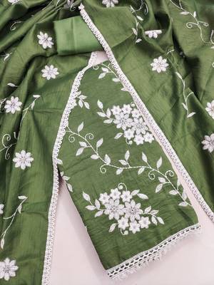 green unstitched thread embroidery with embroidered dupatta parampara silk blend dress material 3