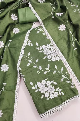 green unstitched thread embroidery with embroidered dupatta parampara silk blend dress material