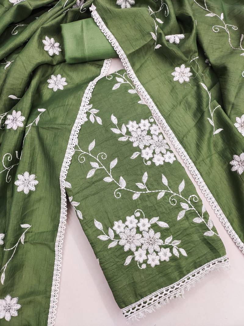green unstitched thread embroidery with embroidered dupatta parampara silk blend dress material