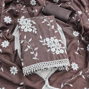 brown unstitched thread embroidery with embroidered dupatta parampara silk blend dress material 1