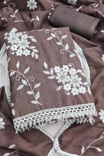 brown unstitched thread embroidery with embroidered dupatta parampara silk blend dress material