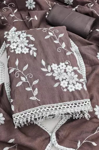 brown unstitched thread embroidery with embroidered dupatta parampara silk blend dress material