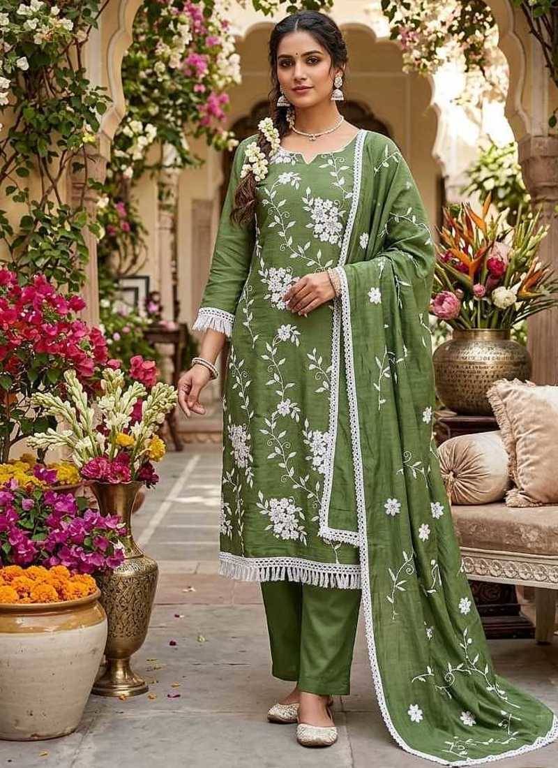 green unstitched thread embroidery with embroidered dupatta parampara silk blend dress material