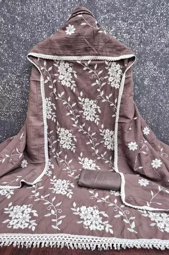 brown unstitched thread embroidery with embroidered dupatta parampara silk blend dress material
