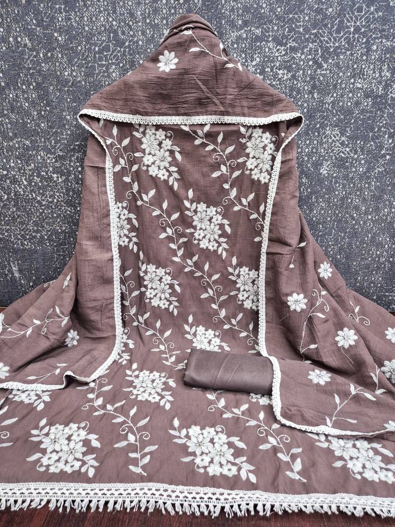 brown unstitched thread embroidery with embroidered dupatta parampara silk blend dress material