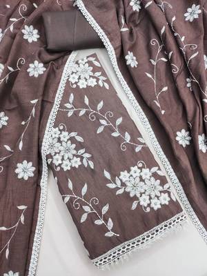 brown unstitched thread embroidery with embroidered dupatta parampara silk blend dress material 3