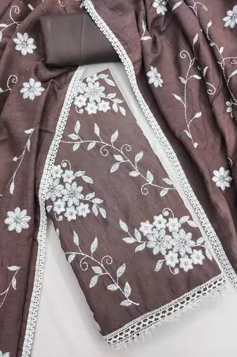 brown unstitched thread embroidery with embroidered dupatta parampara silk blend dress material