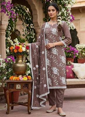 brown unstitched thread embroidery with embroidered dupatta parampara silk blend dress material 4