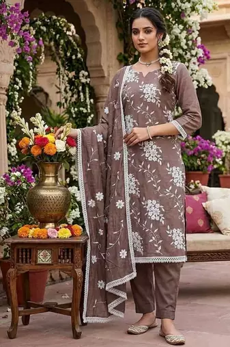 brown unstitched thread embroidery with embroidered dupatta parampara silk blend dress material