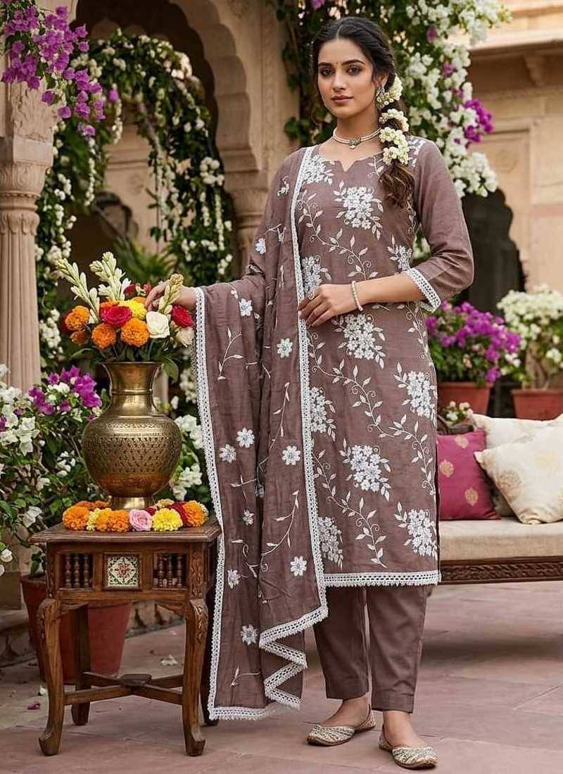 brown unstitched thread embroidery with embroidered dupatta parampara silk blend dress material