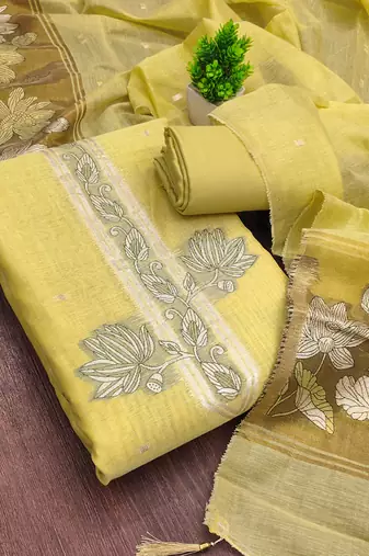 yellow unstitched jamdani weaving with woven embellished dupatta muga dress material