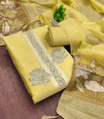 yellow unstitched jamdani weaving with woven embellished dupatta muga dress material