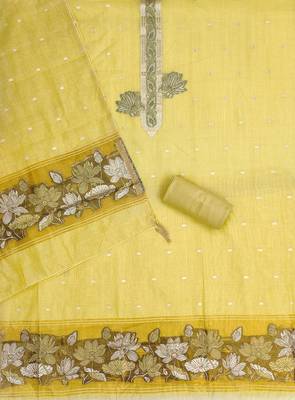yellow unstitched jamdani weaving with woven embellished dupatta muga dress material 2