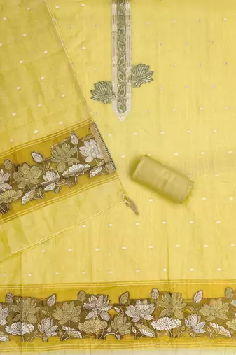 yellow unstitched jamdani weaving with woven embellished dupatta muga dress material