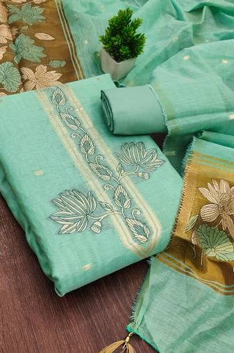 sea green unstitched jamdani weaving with woven embellished dupatta muga dress material