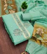 sea green unstitched jamdani weaving with woven embellished dupatta muga dress material