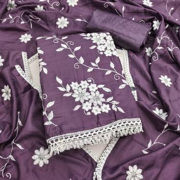 purple unstitched thread embroidery with embroidered dupatta parampara silk blend dress material 1