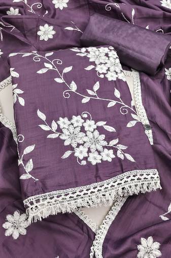 purple unstitched thread embroidery with embroidered dupatta parampara silk blend dress material