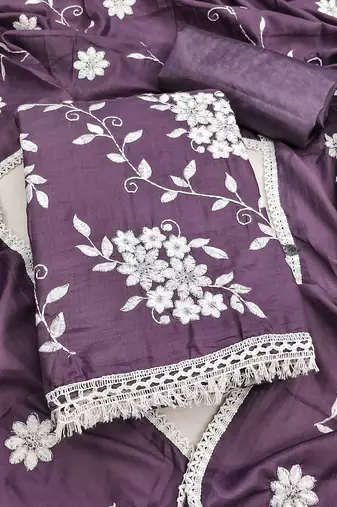 purple unstitched thread embroidery with embroidered dupatta parampara silk blend dress material