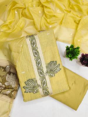 yellow unstitched jamdani weaving with woven embellished dupatta muga dress material 3