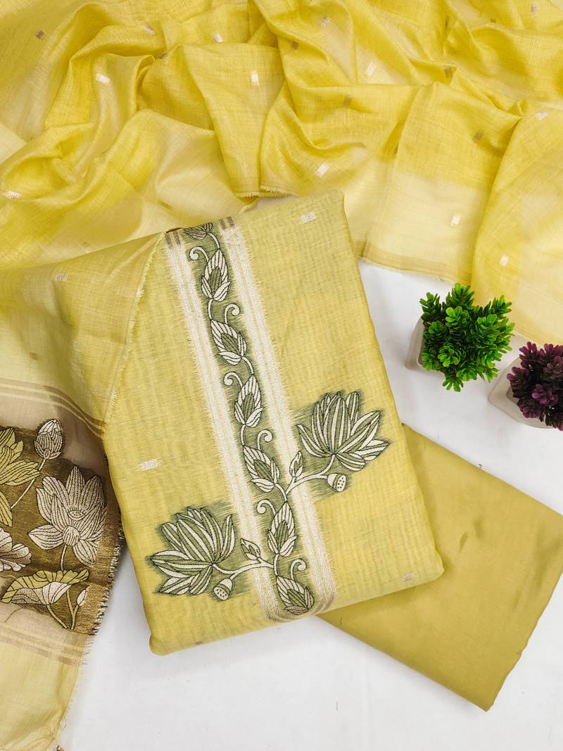yellow unstitched jamdani weaving with woven embellished dupatta muga dress material