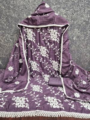 purple unstitched thread embroidery with embroidered dupatta parampara silk blend dress material 2