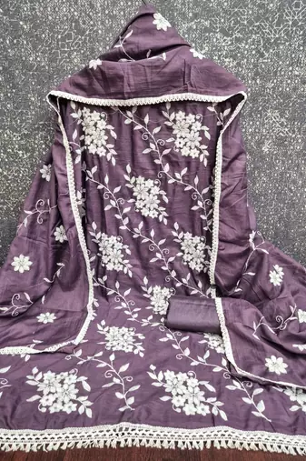 purple unstitched thread embroidery with embroidered dupatta parampara silk blend dress material