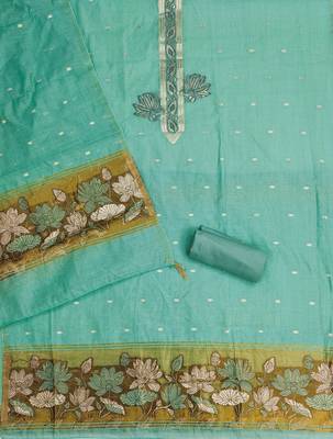 sea green unstitched jamdani weaving with woven embellished dupatta muga dress material 2