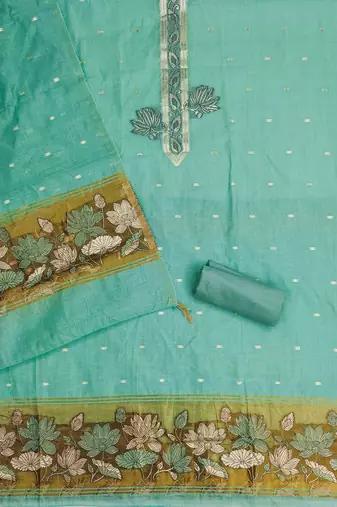 sea green unstitched jamdani weaving with woven embellished dupatta muga dress material