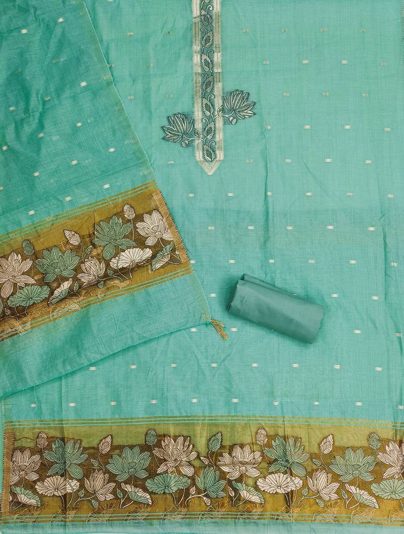 sea green unstitched jamdani weaving with woven embellished dupatta muga dress material