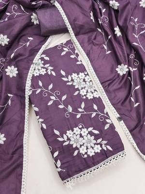 purple unstitched thread embroidery with embroidered dupatta parampara silk blend dress material 3