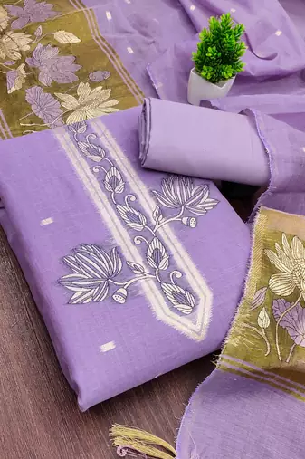 lavender unstitched jamdani weaving with woven embellished dupatta muga dress material