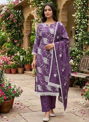 purple unstitched thread embroidery with embroidered dupatta parampara silk blend dress material 4