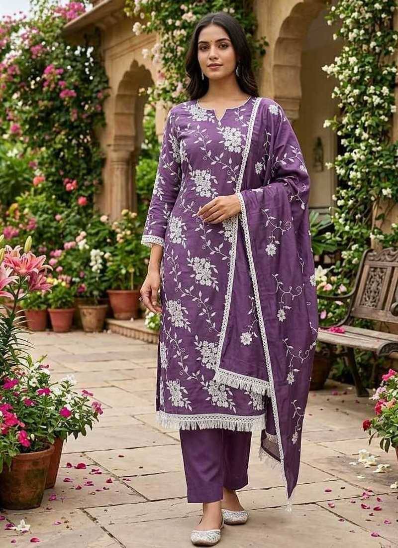 purple unstitched thread embroidery with embroidered dupatta parampara silk blend dress material