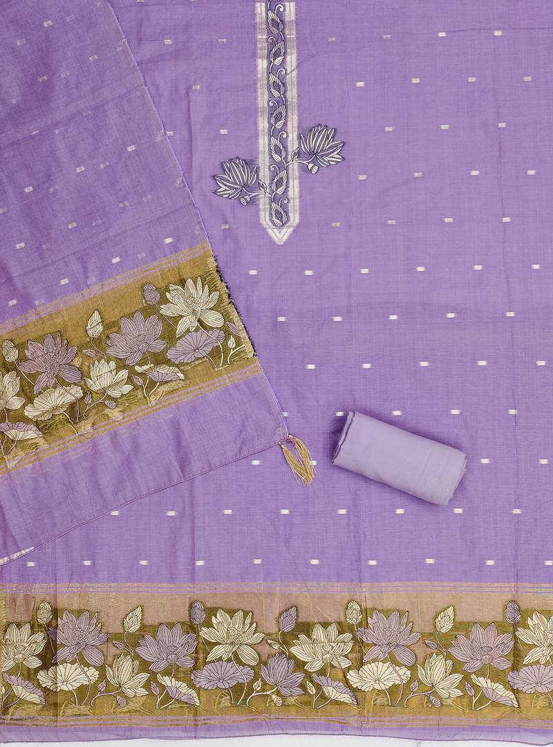 lavender unstitched jamdani weaving with woven embellished dupatta muga dress material