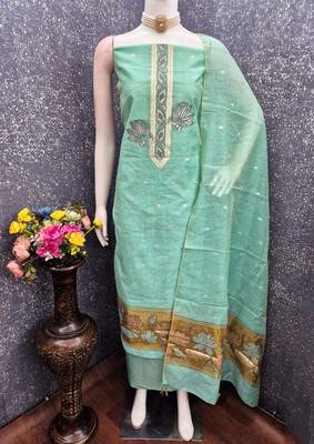 sea green unstitched jamdani weaving with woven embellished dupatta muga dress material 4