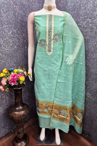sea green unstitched jamdani weaving with woven embellished dupatta muga dress material